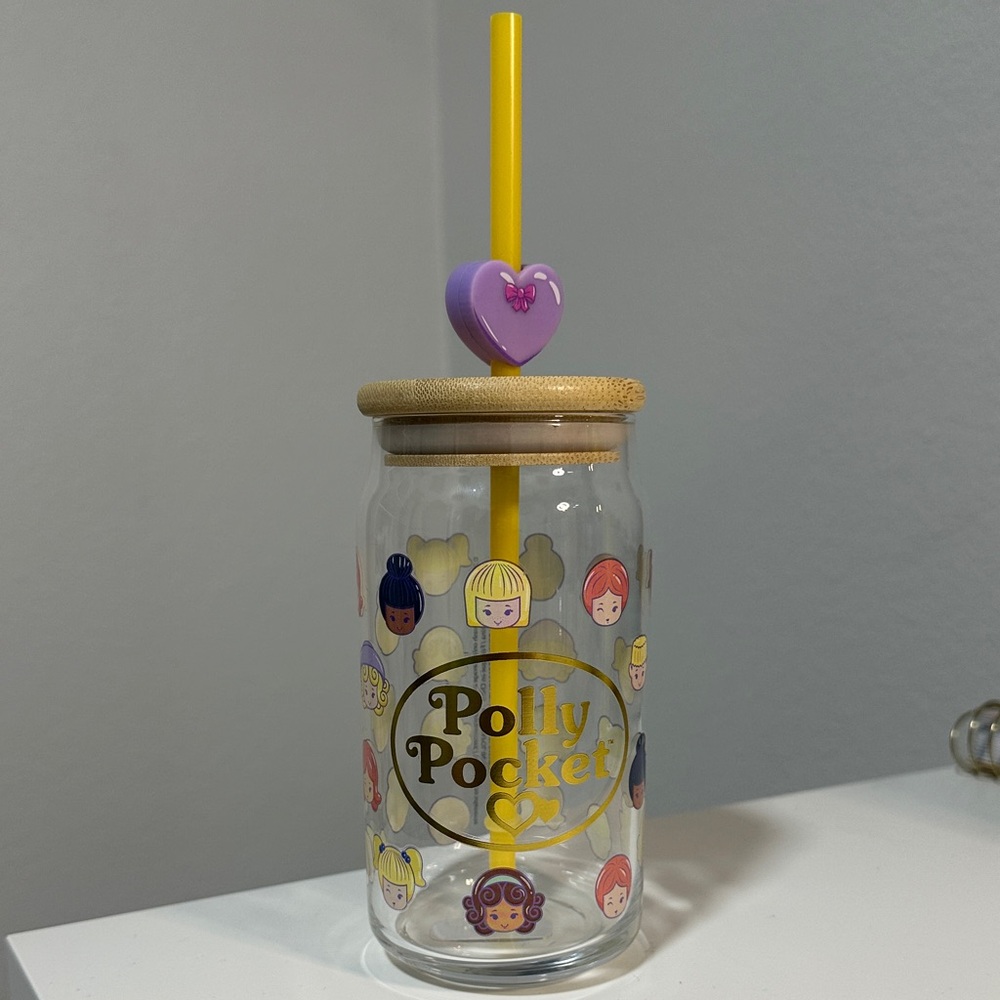 Mattel Polly Pocket Glass Jar with Yellow Straw and Purple Heart